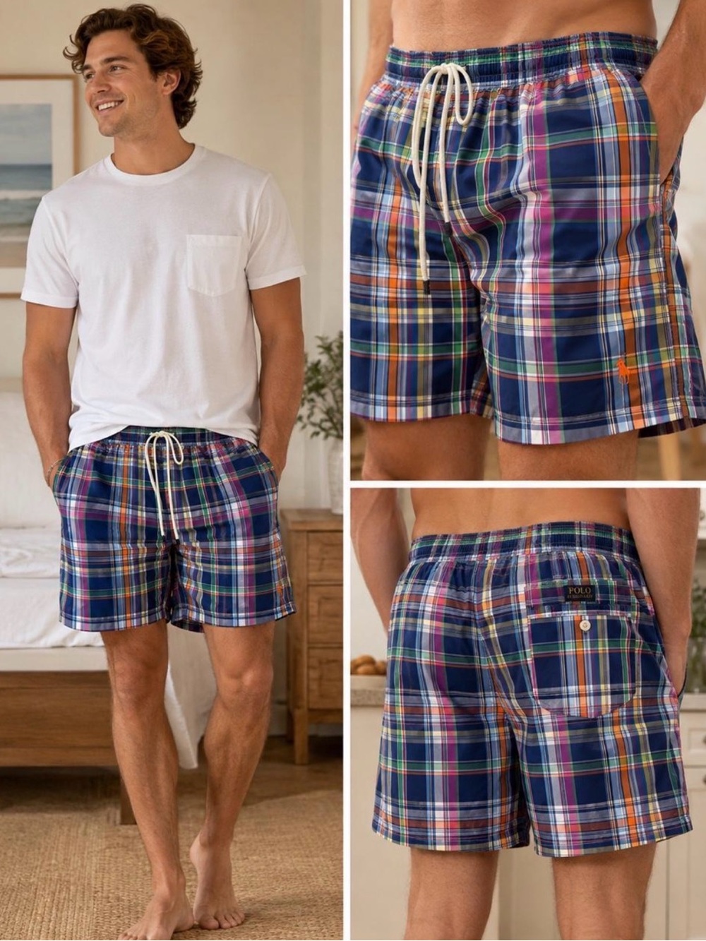 Polo by Ralph Lauren Navy Multi-Plaid Swim Trunks with Orange Pony